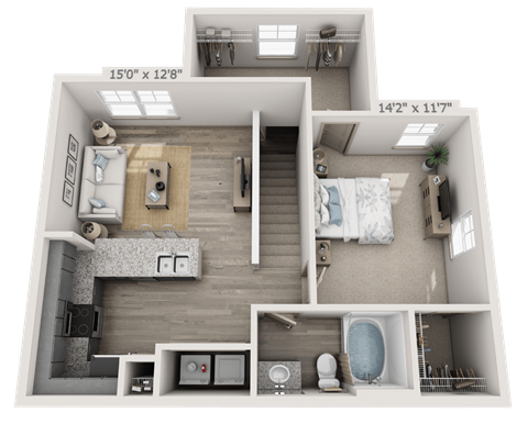 Floor plan for 1 bed, 1 bath, 795 sqft